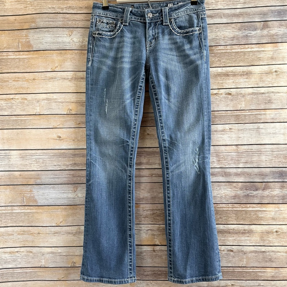 Miss Me Easy Boot Style Distressed Embellished Low Rise Jeans Size 27